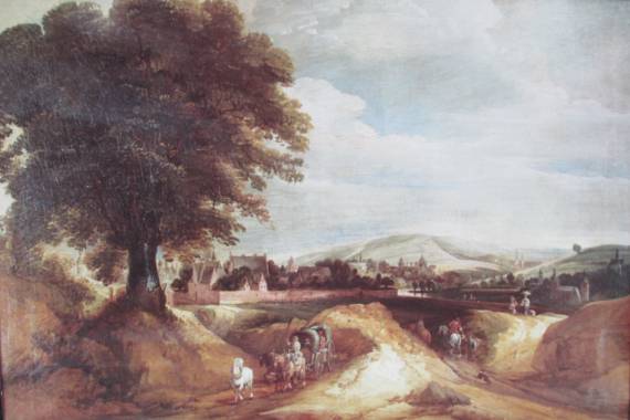 View of a Town with Large Tree and Cart