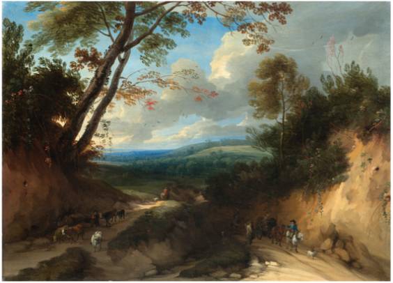 Extensive Woody Landscape with Travellers on a Road 
