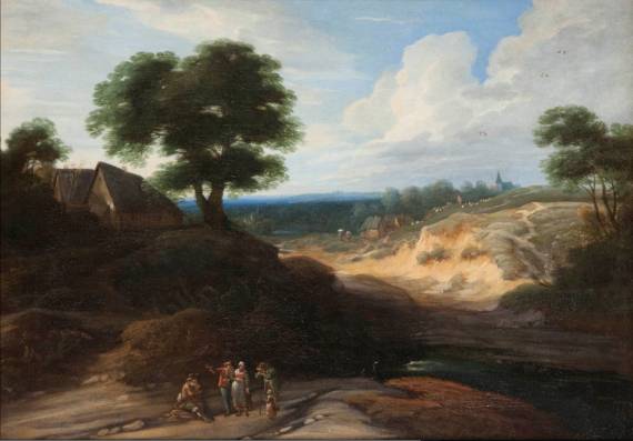 Extensive Landscape with Peasants conversing near a Pond Extensive Landscape with Peasants conversing near a Pond