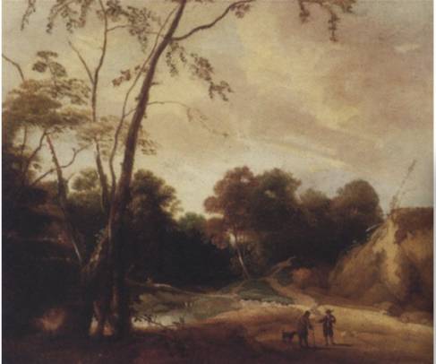 A Wooded River Landscape with Peasants conversing on a Path