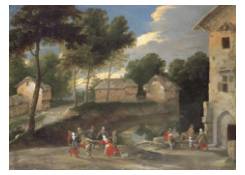 A village Landscape with Villagers Dancing to the Bagpipes