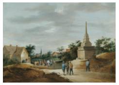 A Village Scene with Boors Conversing in the Foreground and Figures Dancing in the Background