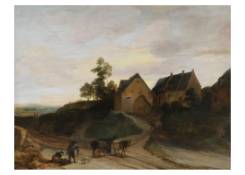 A Landscape, with Farm Buildings, Peasants and Cattle on a Road 